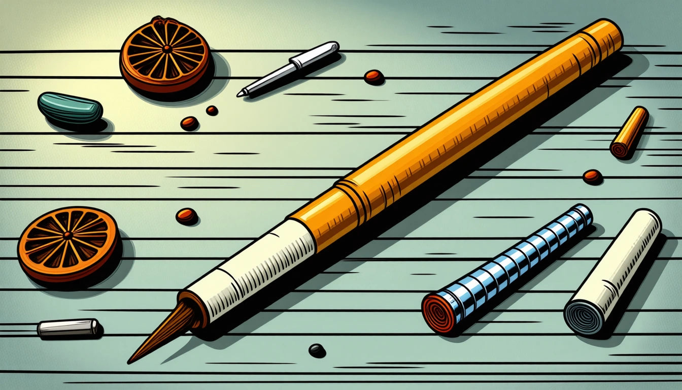 Orange pen with white grip on wooden surface, surrounded by a sliced citrus, small capsules, and a rolled paper with blue stripes