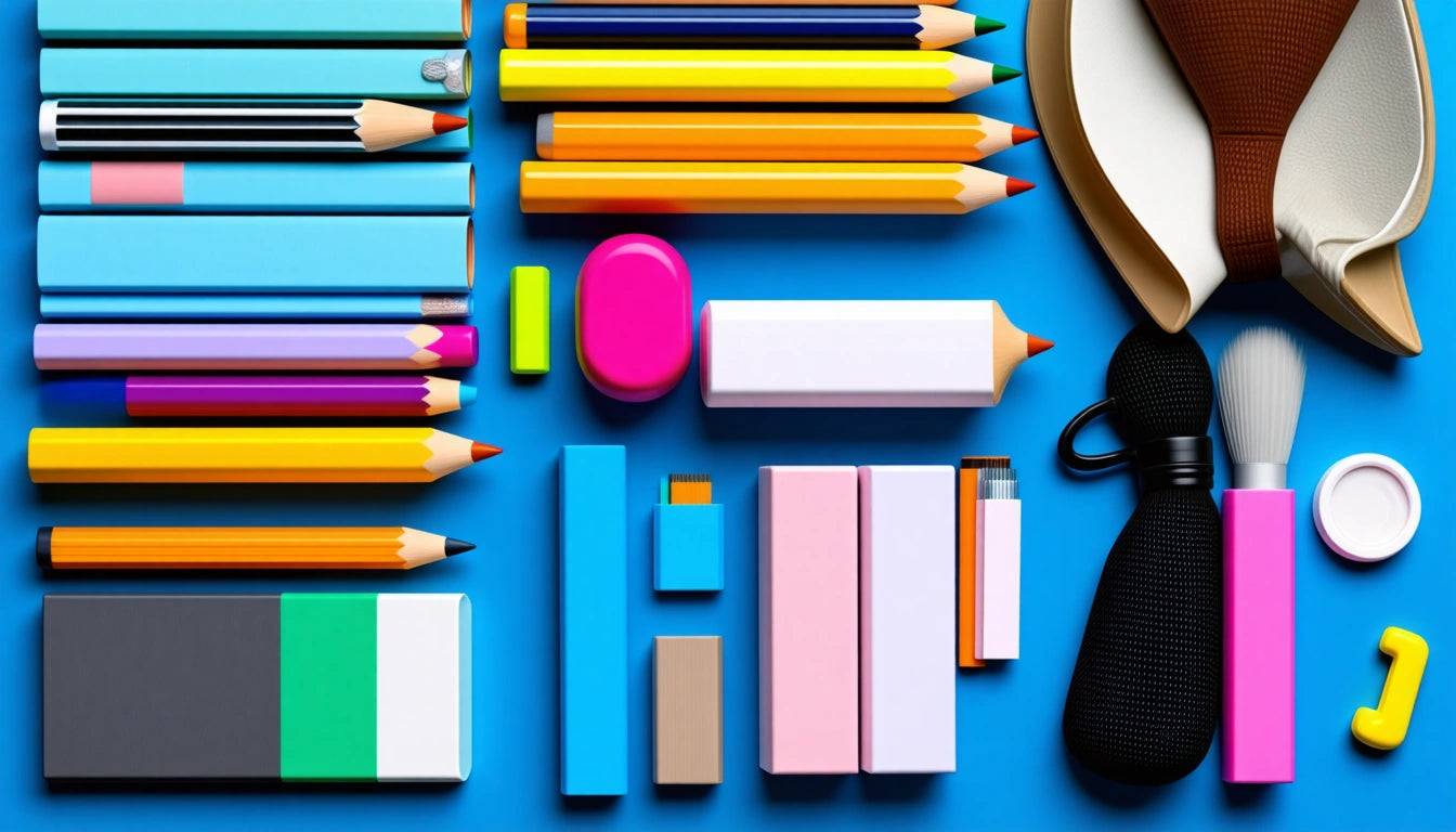 Colorful pencils, erasers, and stationery neatly arranged on a blue surface, with a black pouch and a small dish nearby