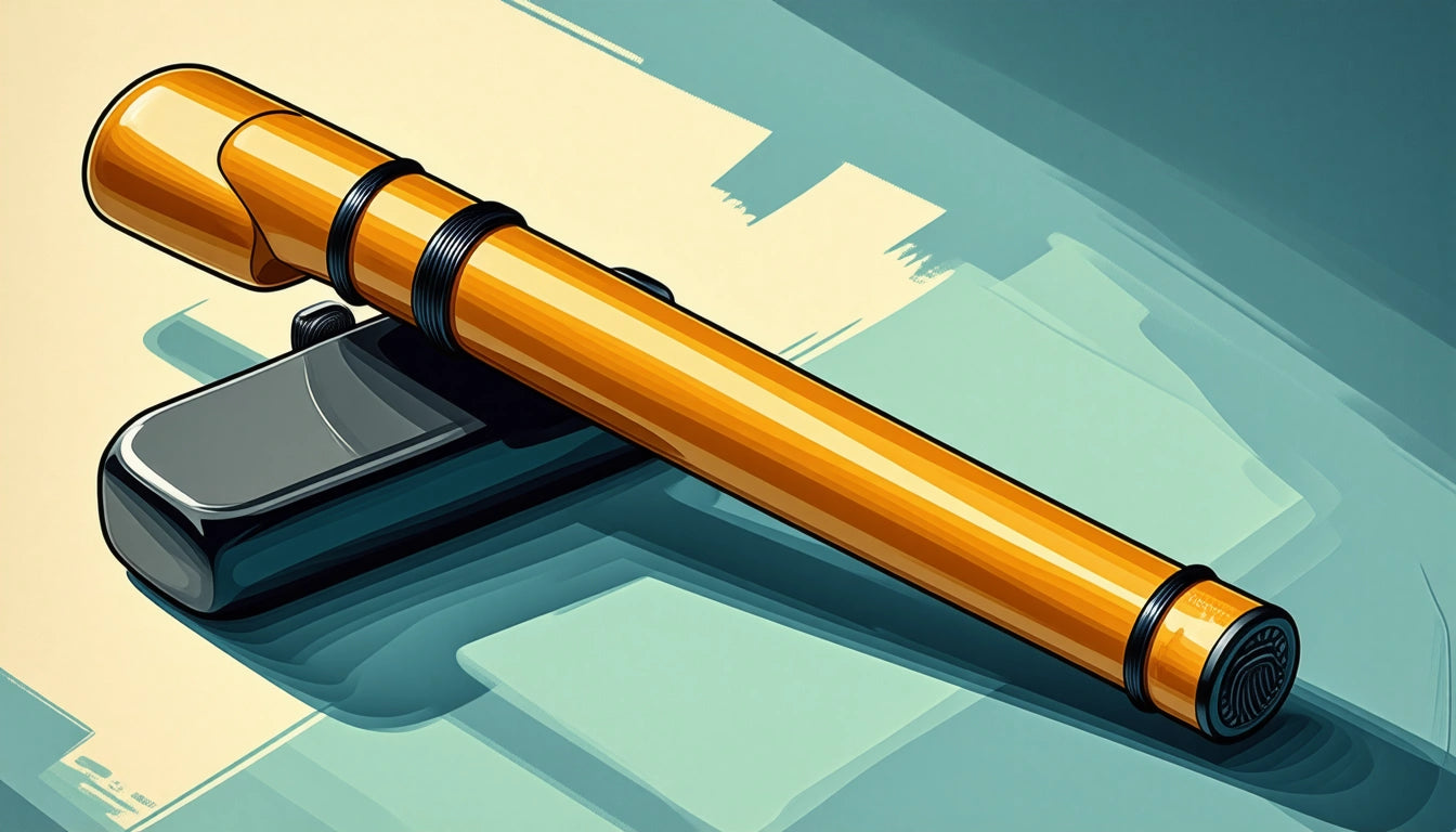 Orange and black flashlight with a side clip, casting shadows on a teal and beige surface