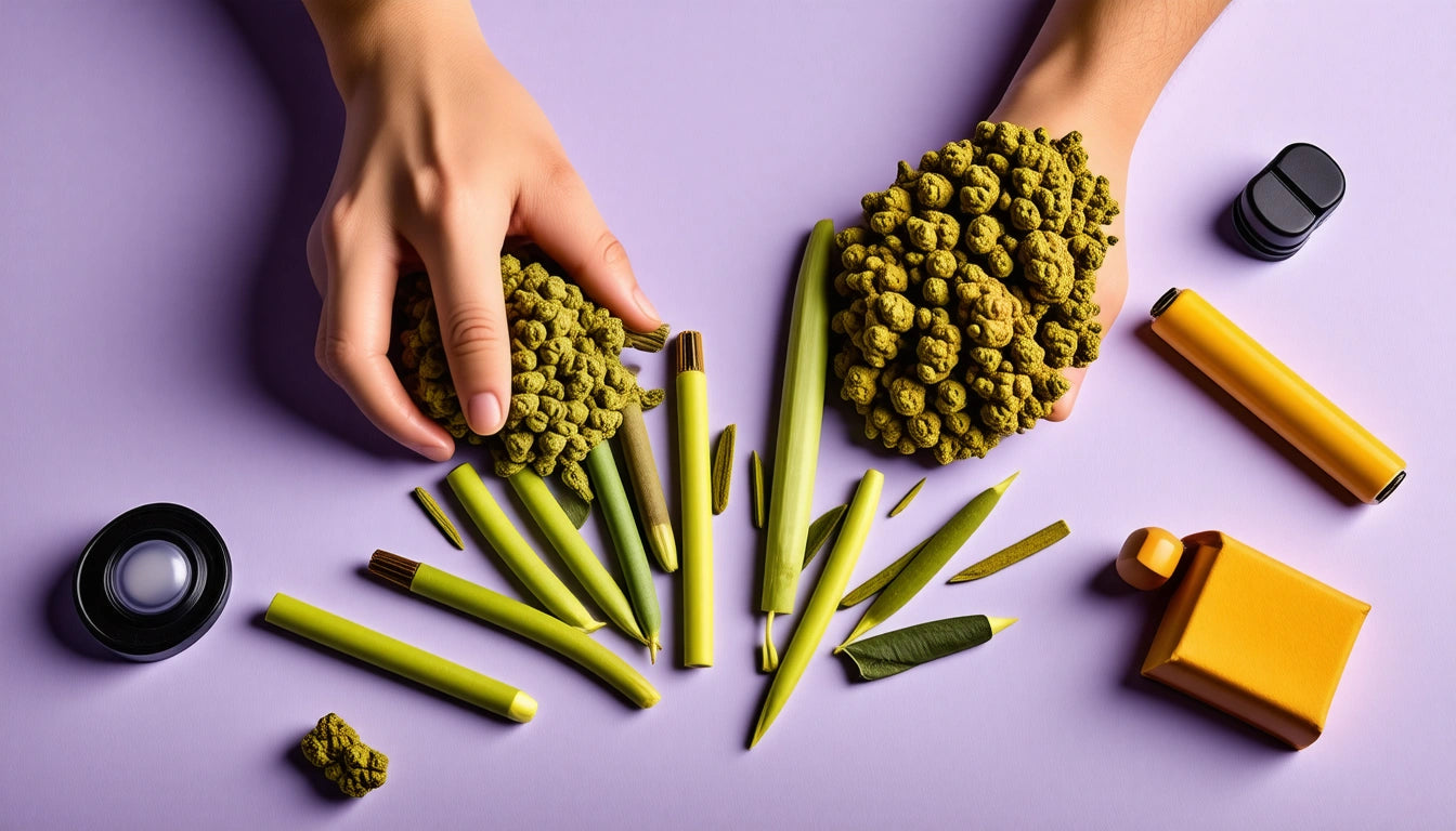 Hands holding two green, textured objects above scattered green sticks and leaves on a purple surface, with small containers nearby