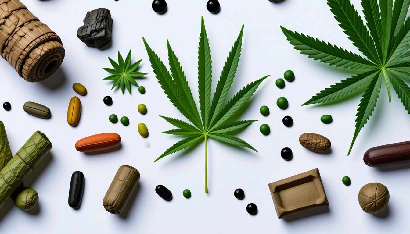 Green cannabis leaves surrounded by assorted pills, capsules, and small black stones on a white background