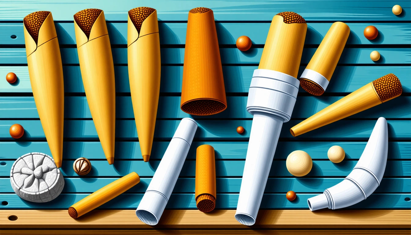 Yellow and white cylindrical objects with textured tops on a blue striped surface, scattered with small round pieces