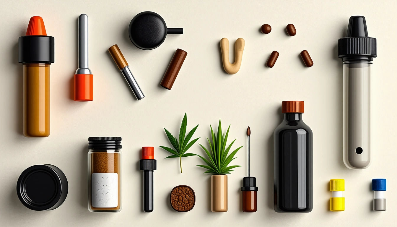 Various bottles, droppers, capsules, and small plants arranged on a light surface