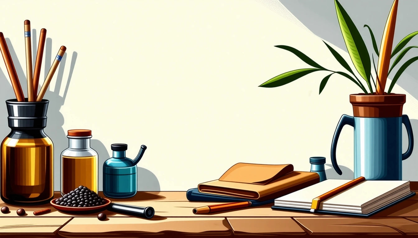 Paintbrushes in jars, notebooks, pencils, and a potted plant on a wooden table with soft lighting