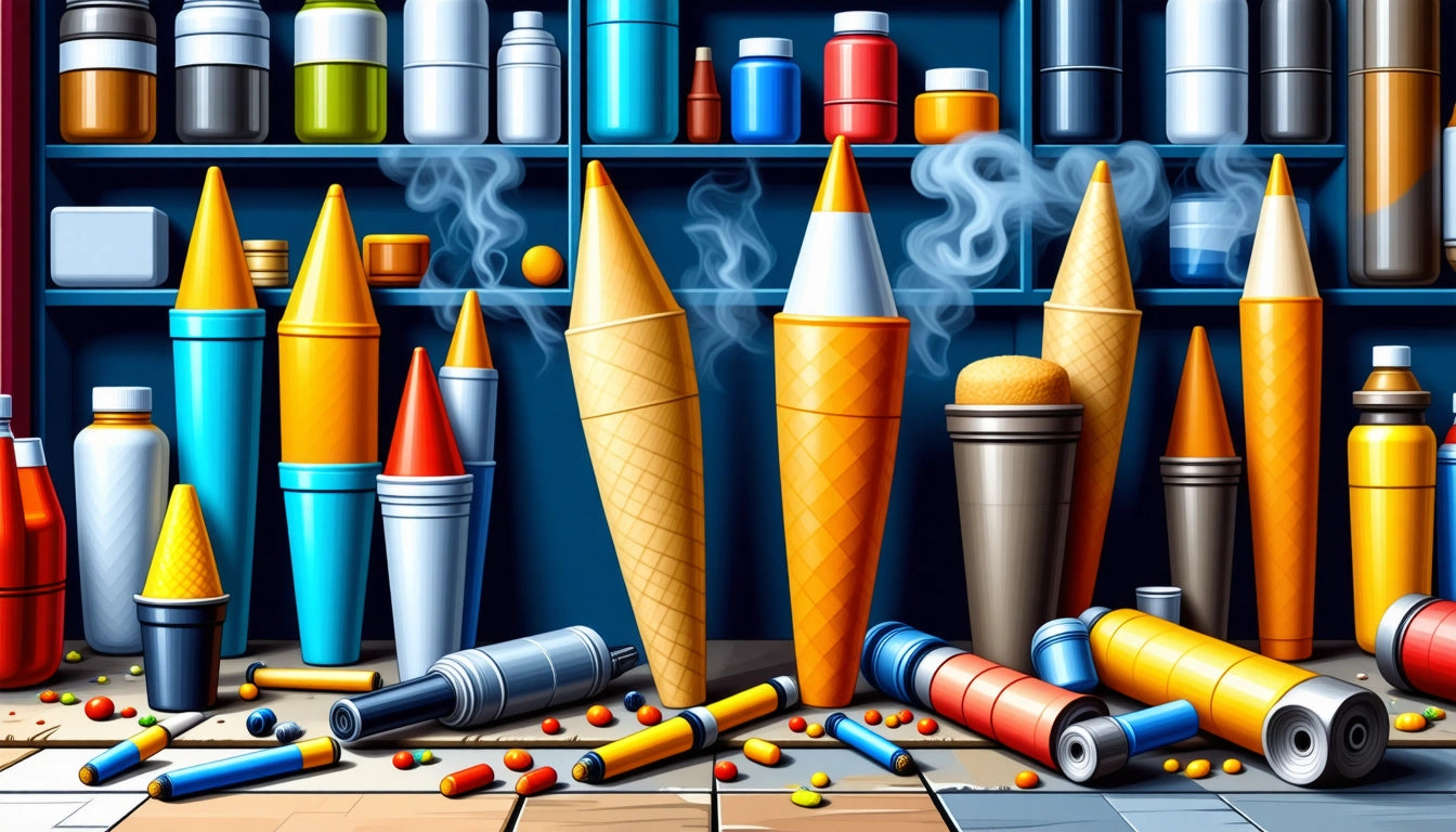 Colorful spray paint cans and cones on a shelf, some emitting smoke, with scattered caps and small balls on the floor