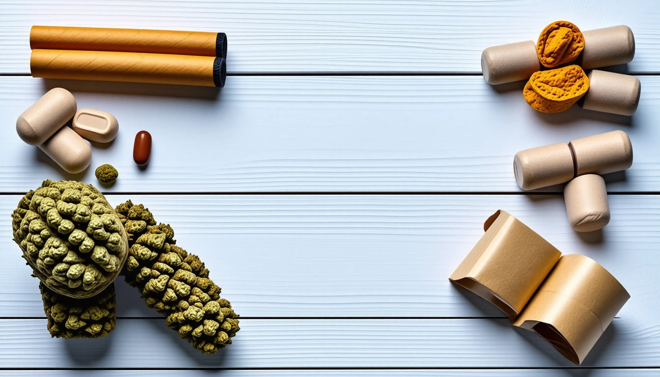 Assorted pills, capsules, and dried fruits on a white wooden surface