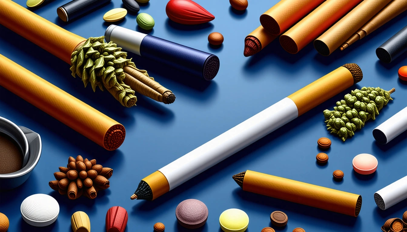 Colorful pens and pencils with textured grips and caps scattered on a blue surface, surrounded by small round objects
