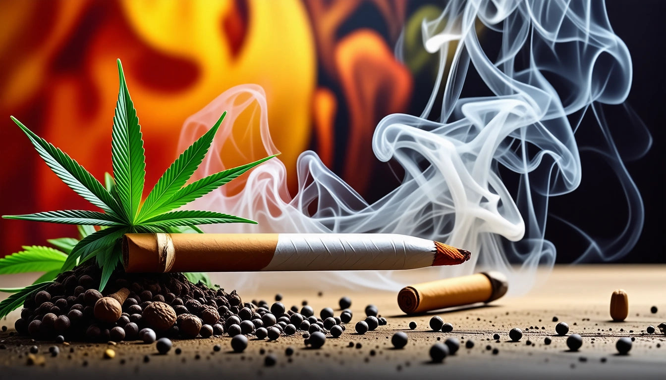 Cigarette with smoke, green leaves, and peppercorns on a wooden surface, colorful blurred background