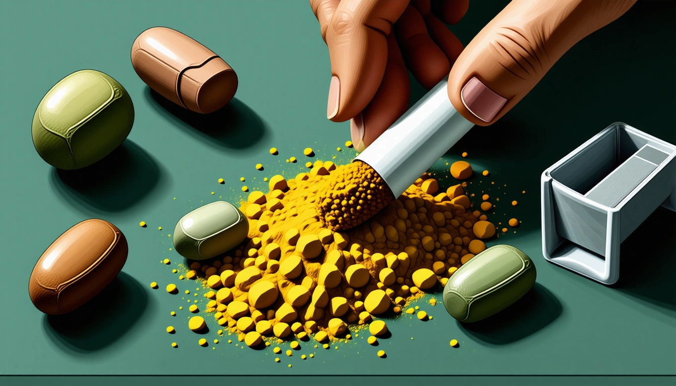 Hand pouring yellow powder from capsule onto green surface, surrounded by various colored pills and a small white box
