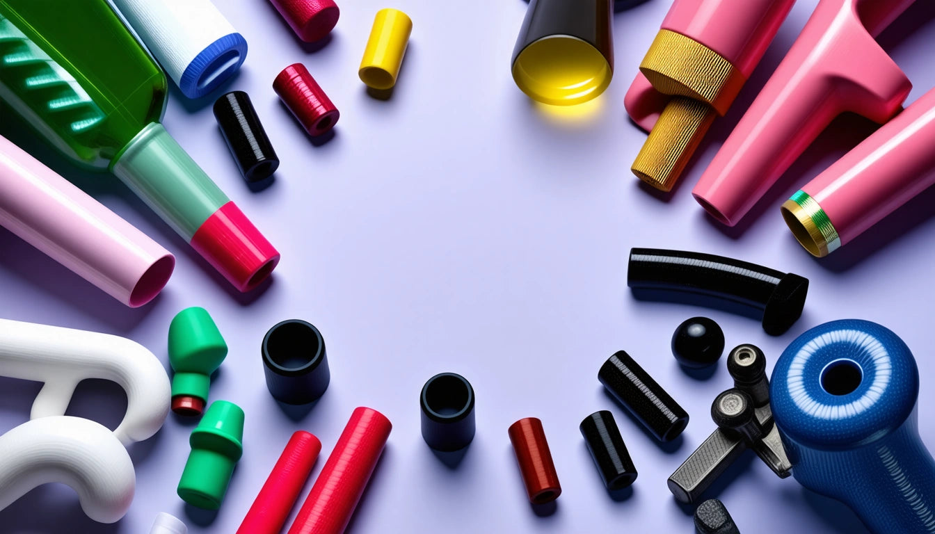 Colorful plastic tubes and connectors arranged in a circle on a light purple background
