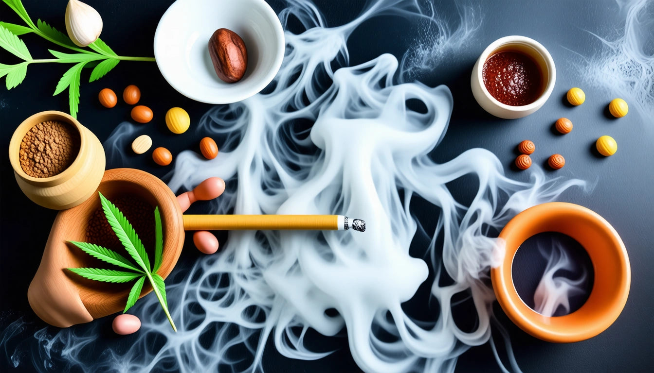 Wooden bowls with powders, nuts, and a leaf, surrounded by swirling white smoke on a dark surface