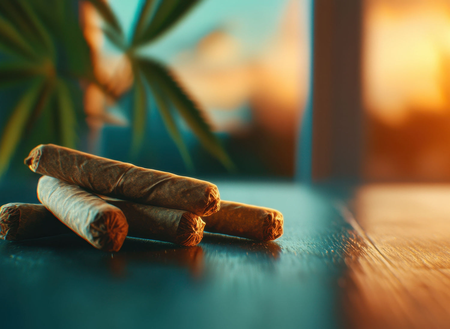 Brown paper tubes, lime slice, green leaves, turmeric and herbs on a brown board against a blue background
