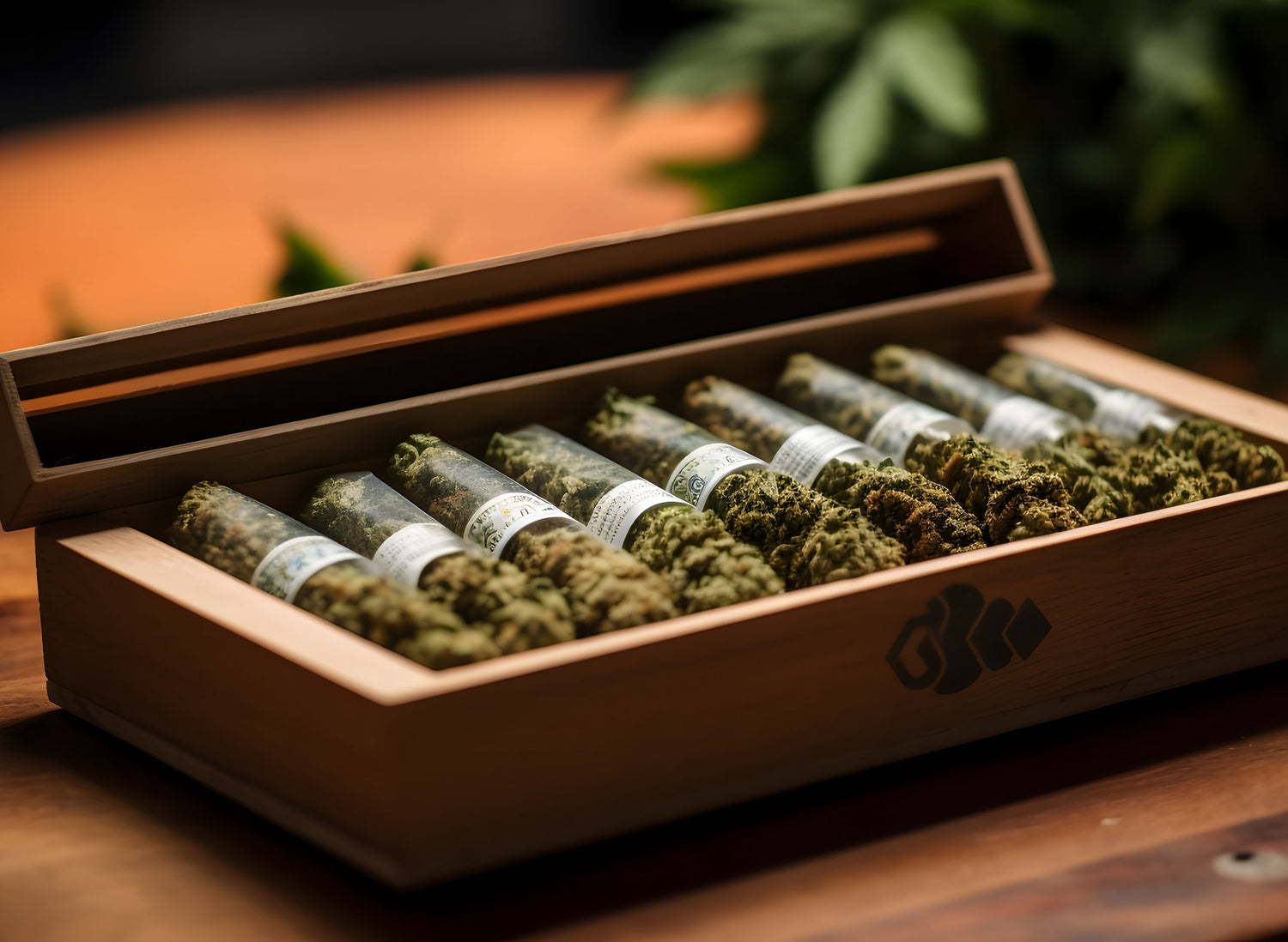 Brown and white rolled papers, three white-tipped filters, and a green, orange-tinged plant bud on a light surface