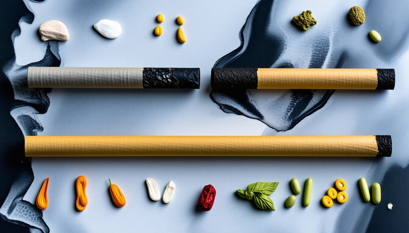Two long, textured tubes with black ends on a marbled surface, surrounded by small, colorful objects resembling seeds and leaves