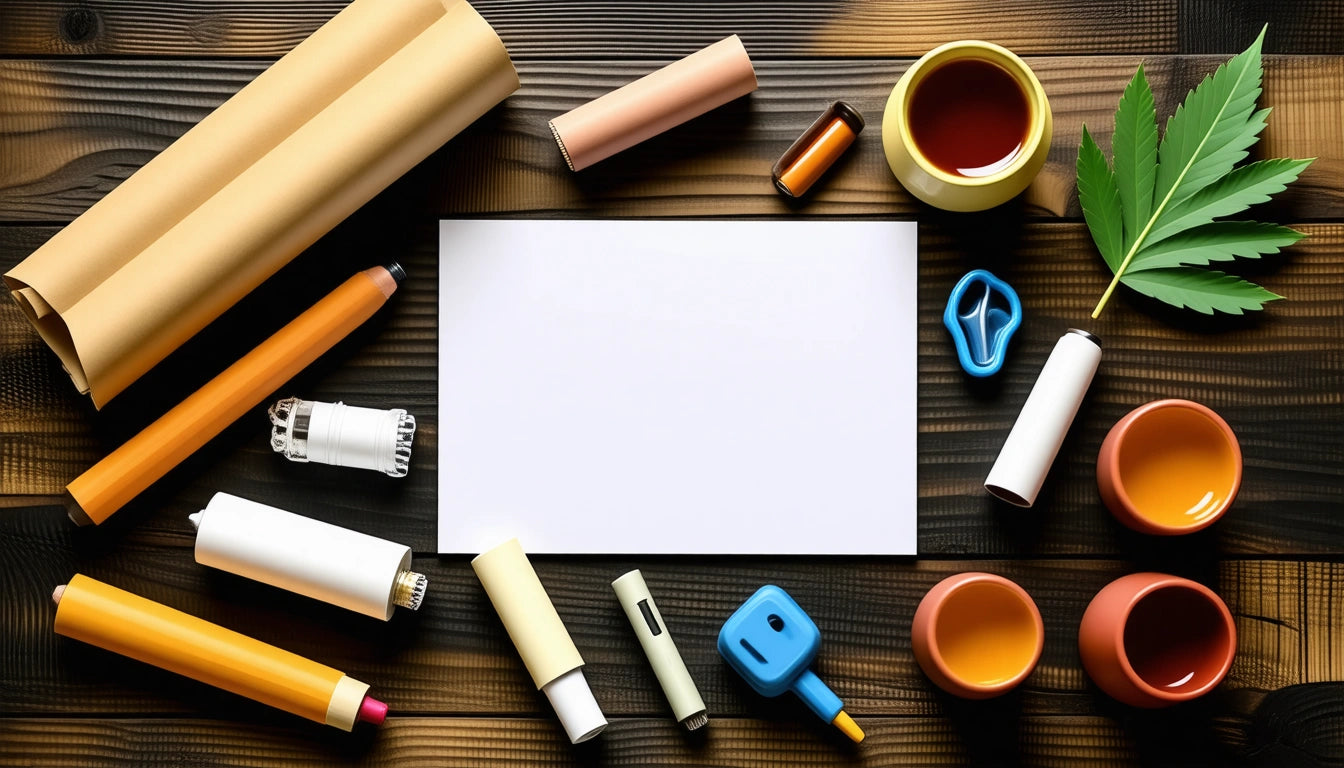 White paper surrounded by colored tubes, bottles, a leaf, cups, and a blue clip on a wooden surface