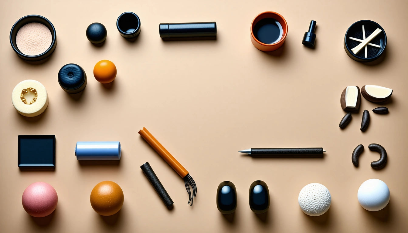 Assorted makeup and skincare containers arranged on a beige surface, including jars, tubes, and round compacts