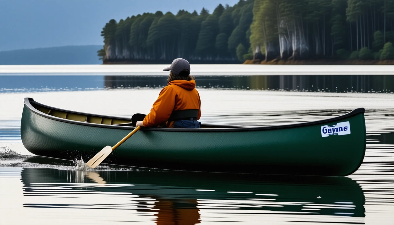 Person in orange jacket paddling a green canoe on calm lake, surrounded by forested shoreline under cloudy sky