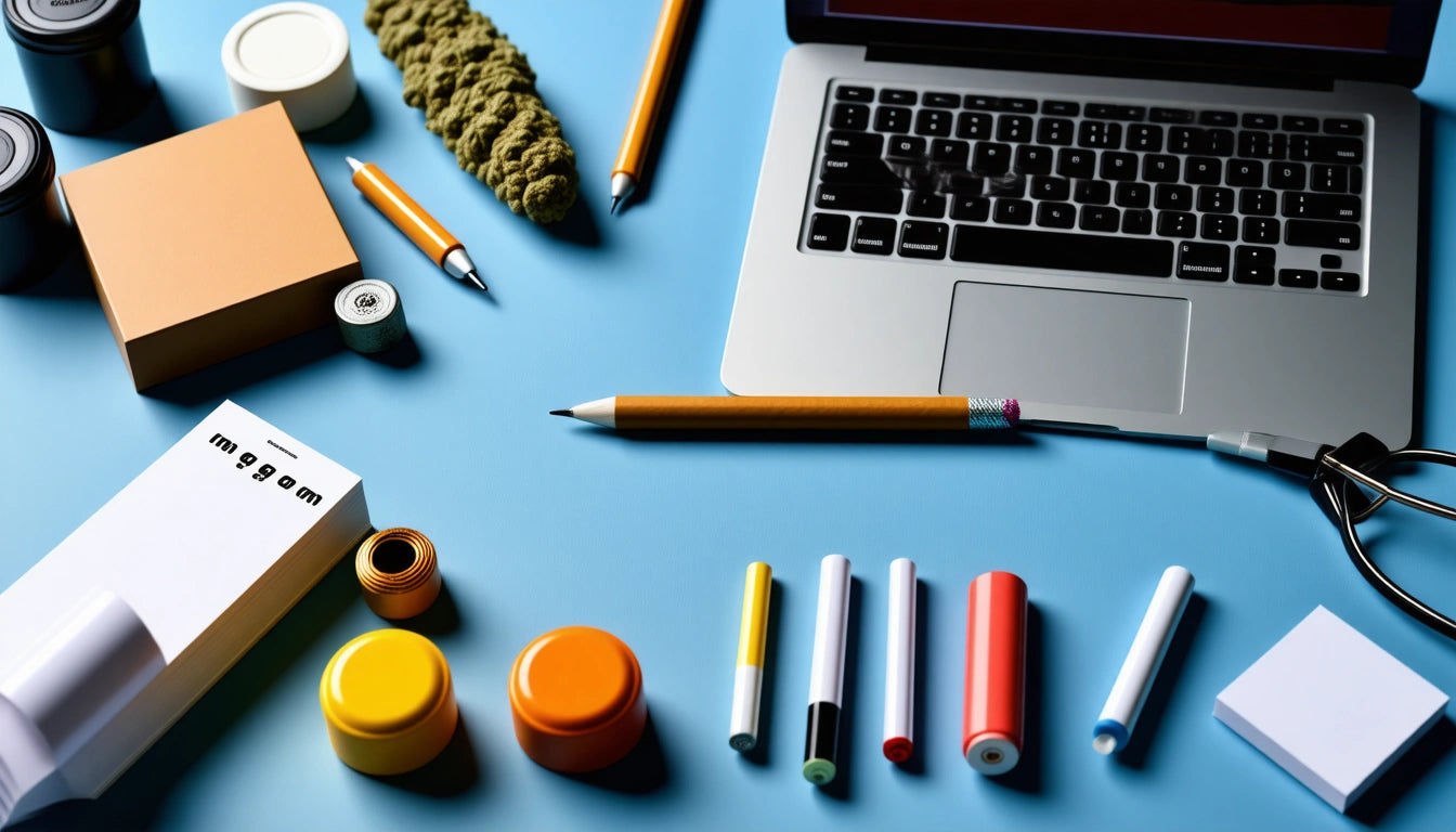 Laptop on blue surface surrounded by colorful pens, markers, notebooks, and small containers