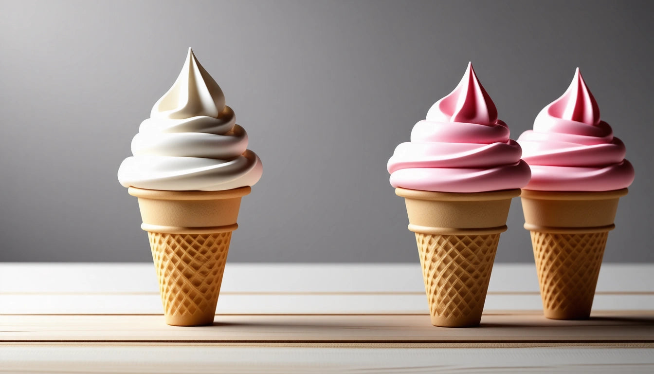 Two ice cream cones with swirled tops, one vanilla and one pink, on a wooden surface against a gray background