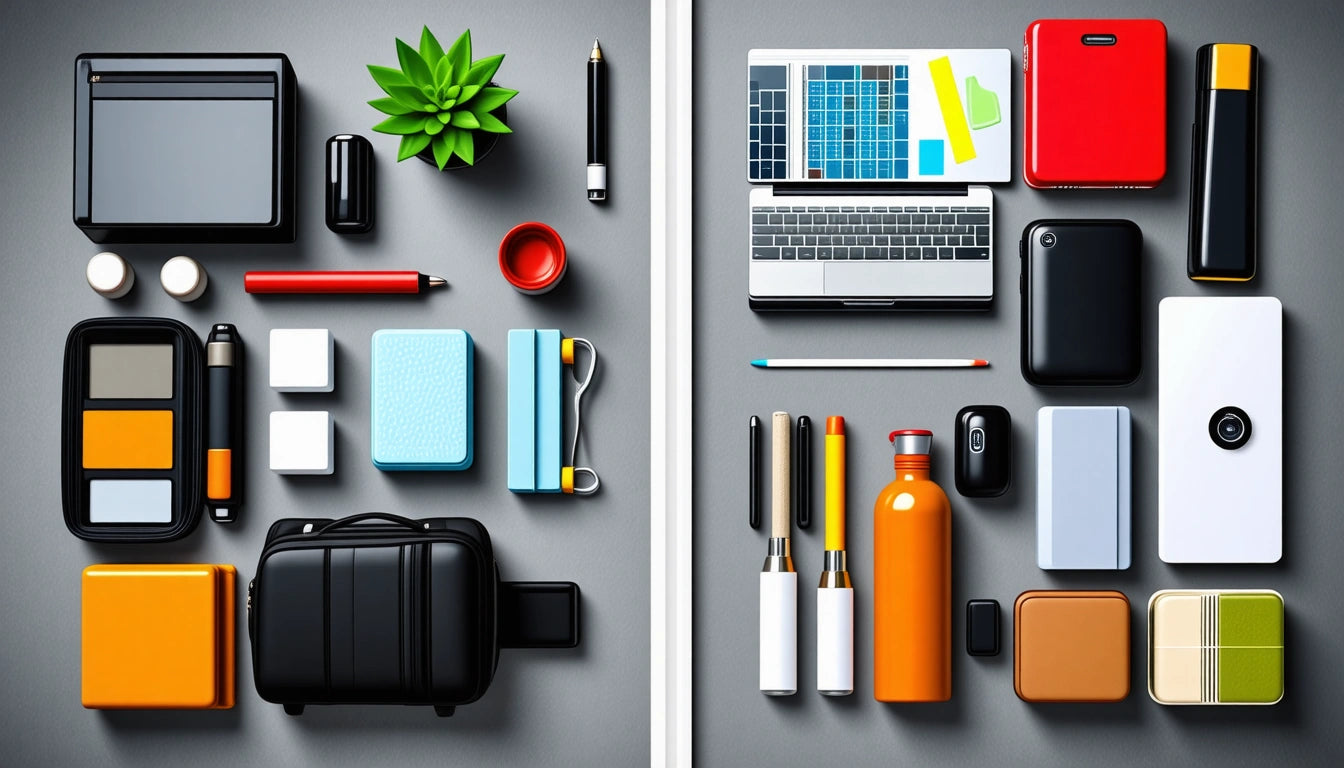 Various office supplies and gadgets arranged neatly on a gray surface, including a laptop, pens, notebooks, and a small plant