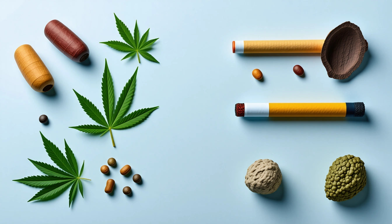 Wooden spools, cannabis leaves, and capsules on left; two rolled papers, seeds, and textured spheres on right against light blue background