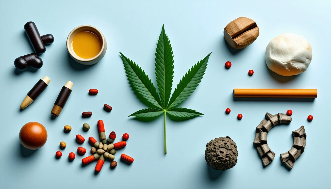 Green cannabis leaf centered on light blue surface, surrounded by assorted pills, wooden objects, and a small bowl of liquid