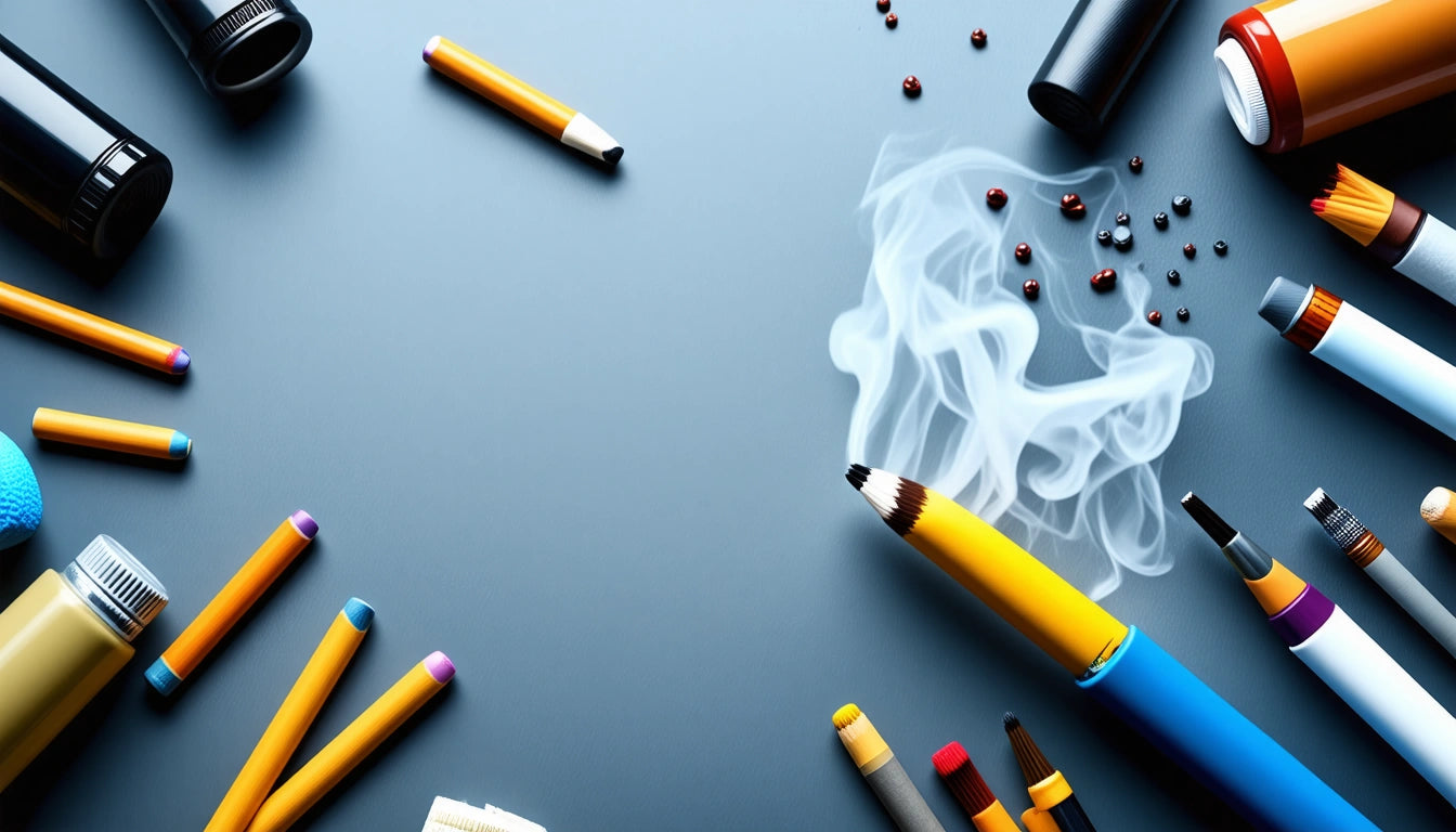 Colorful pencils and markers scattered on a gray surface, with smoke rising from a pencil tip and small beads nearby