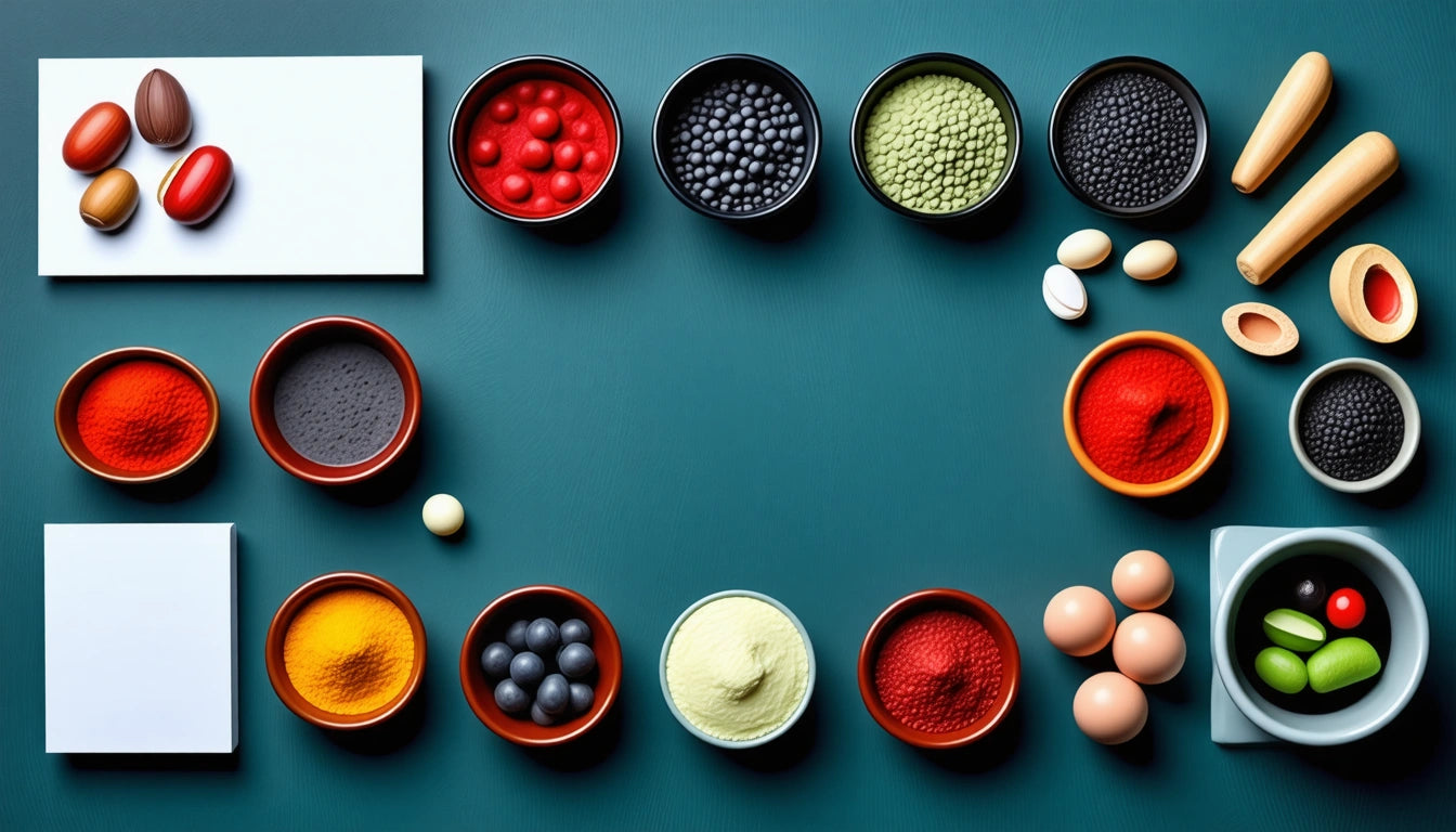 Assorted bowls with colorful powders and seeds, wooden pestles, eggs, and small vegetables on a teal surface
