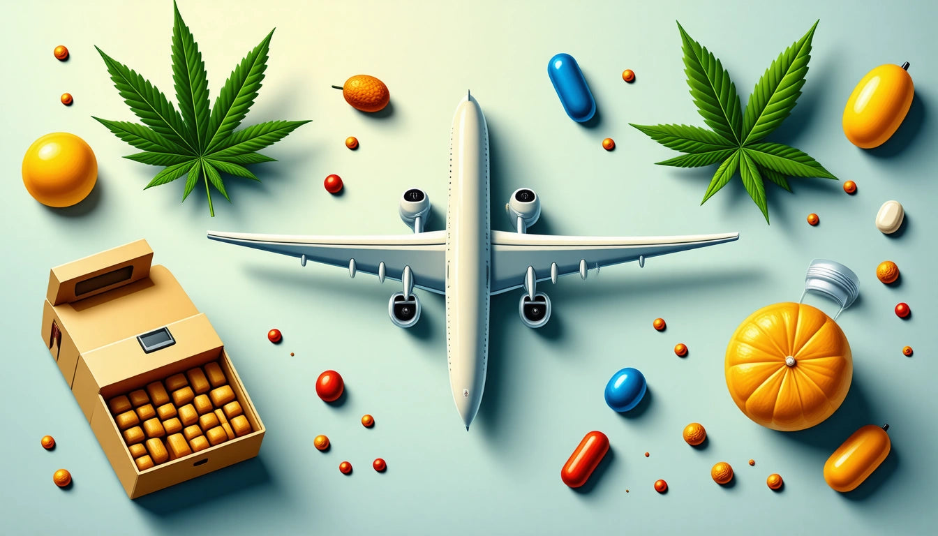 Airplane model surrounded by pills, leaves, a box of capsules, and a pumpkin on a light background