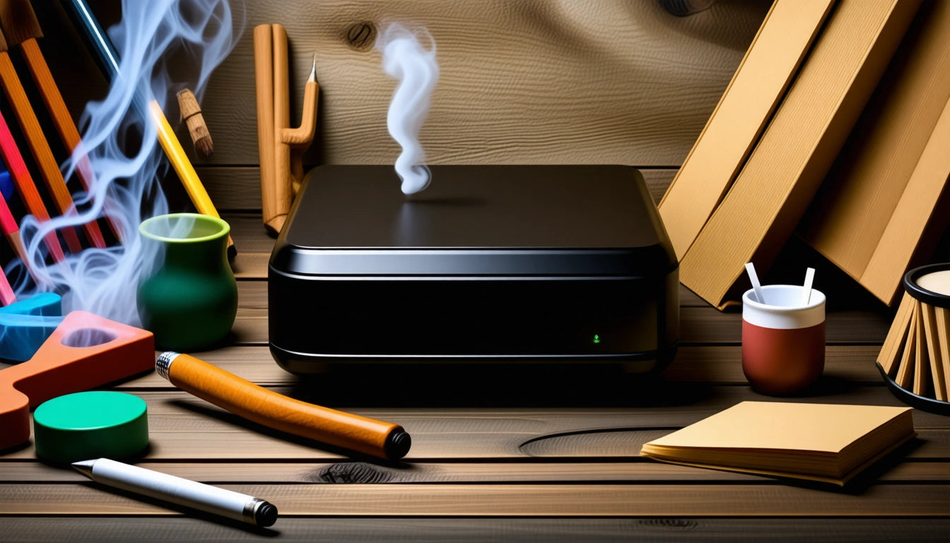 Black rectangular device emitting steam, surrounded by colorful pencils, pens, a notebook, and a cup on a wooden surface