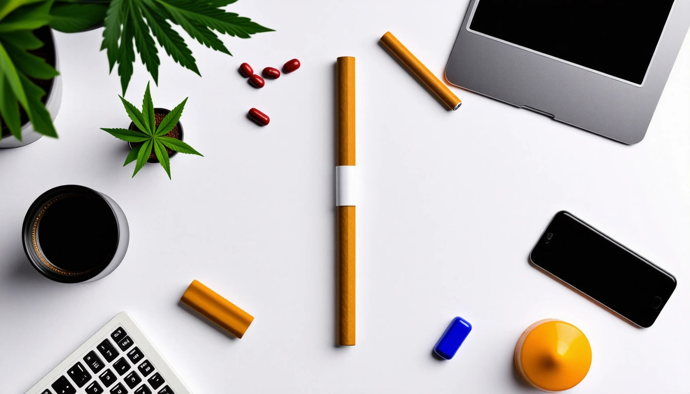 Laptop, smartphone, coffee cup, and plants on white surface with scattered pills, rolled paper, and orange and blue objects
