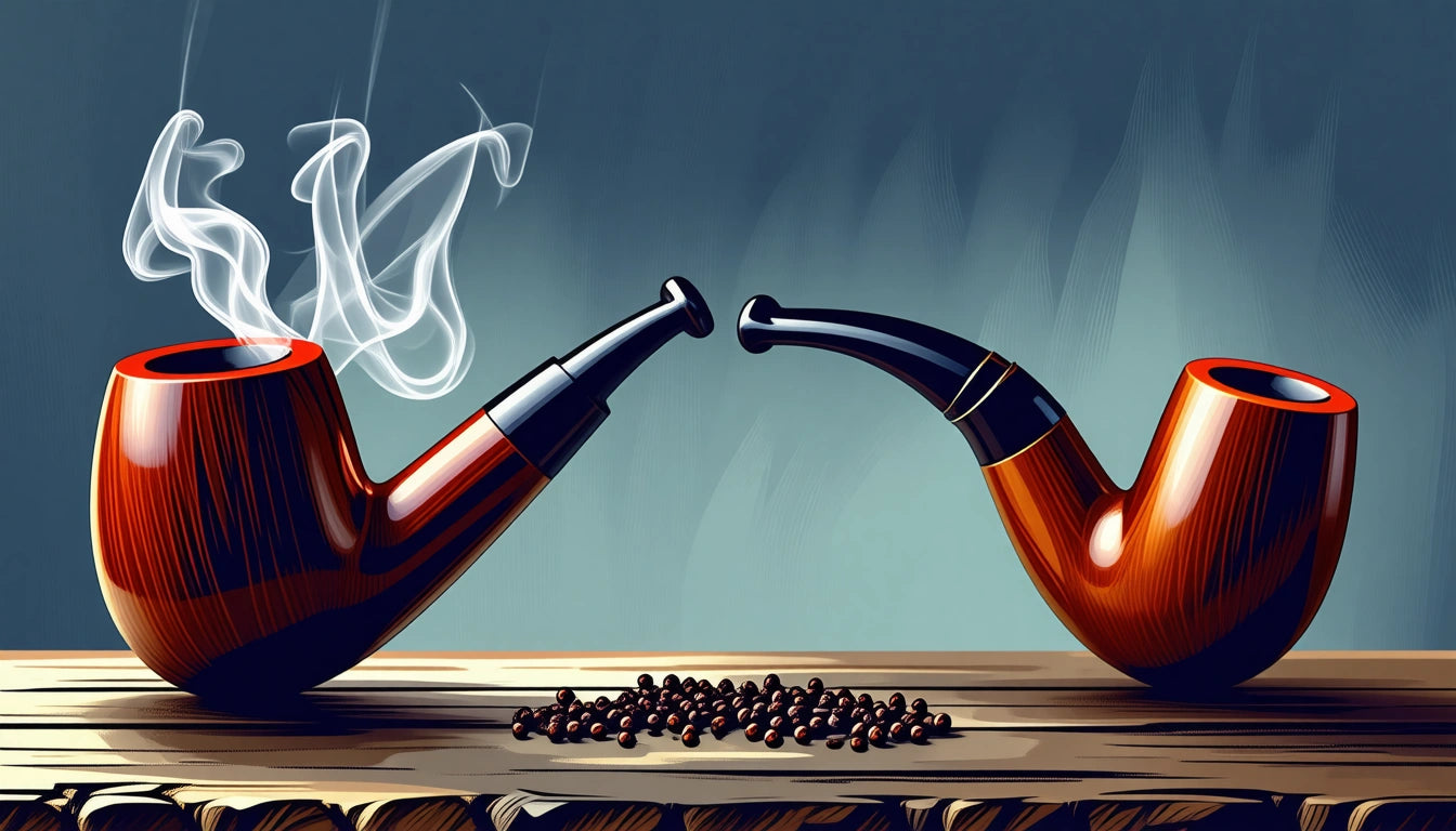 Two wooden smoking pipes facing each other, one with smoke, on a wooden surface with scattered coffee beans