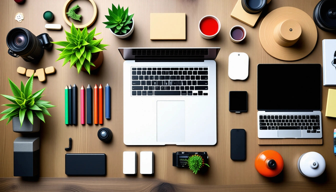 Laptop on wooden desk surrounded by plants, colored pencils, camera, smartphone, and various tech gadgets