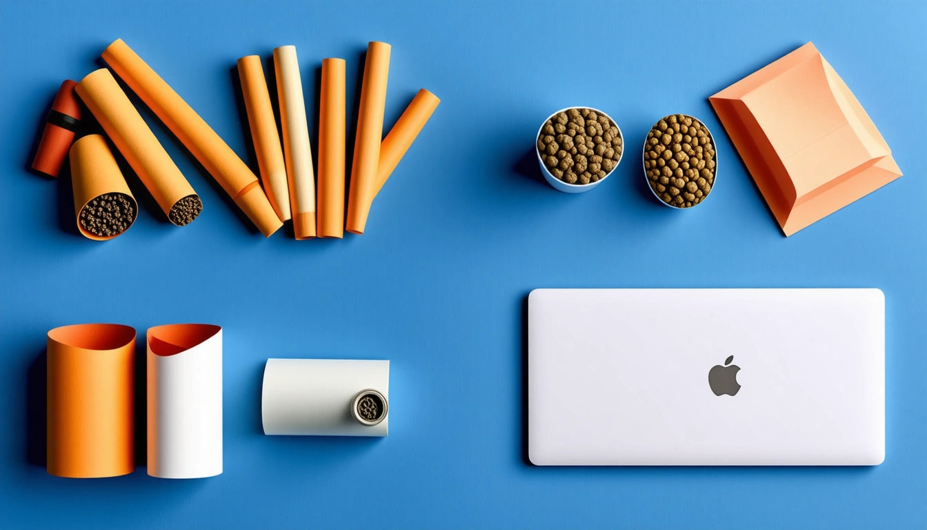 Orange and white paper rolls, two bowls of brown pellets, closed orange envelope, and a closed silver laptop on blue background