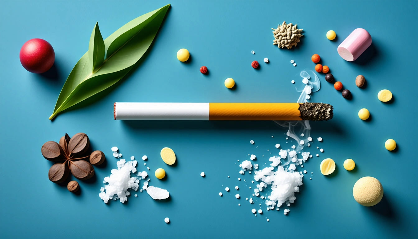 Burning cigarette on blue surface surrounded by pills, leaves, spices, and smoke