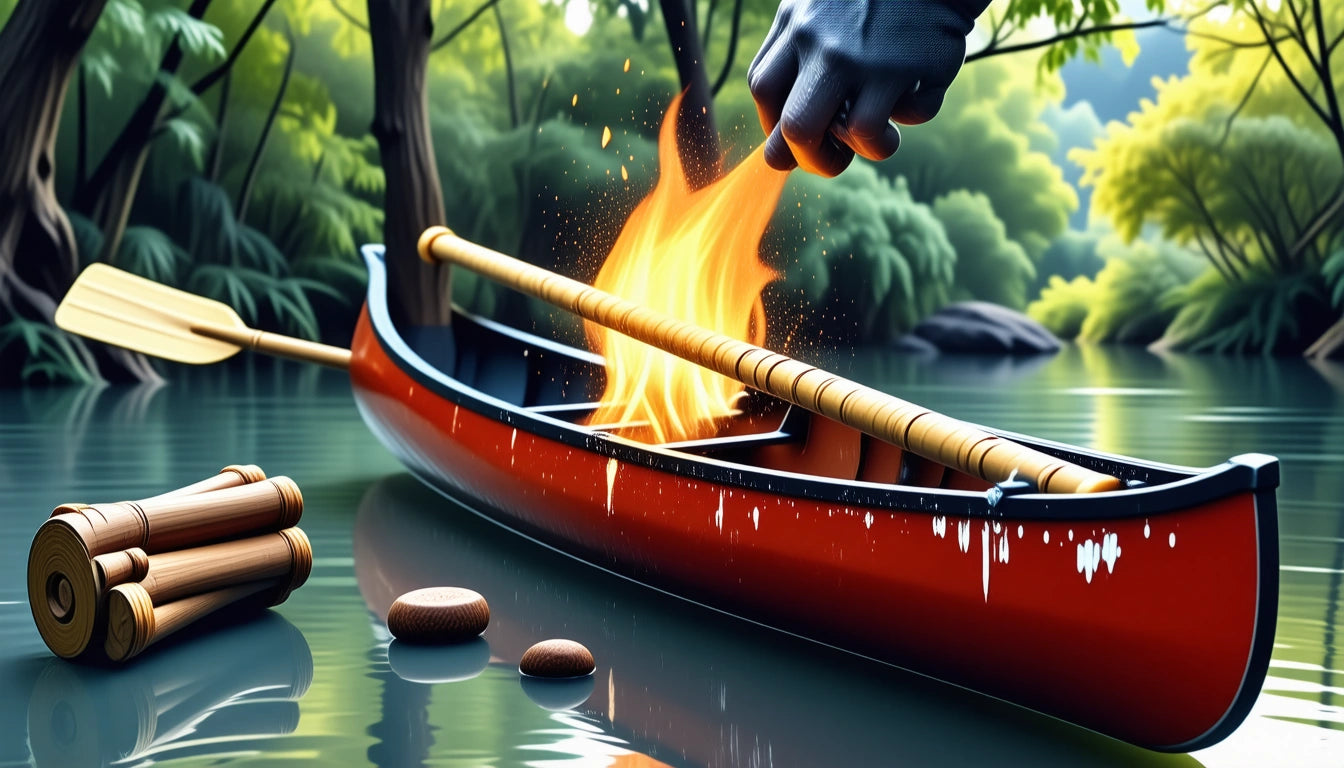 Red canoe on calm water, small fire inside, hand adding wood, lush green trees in background, two logs and stones nearby