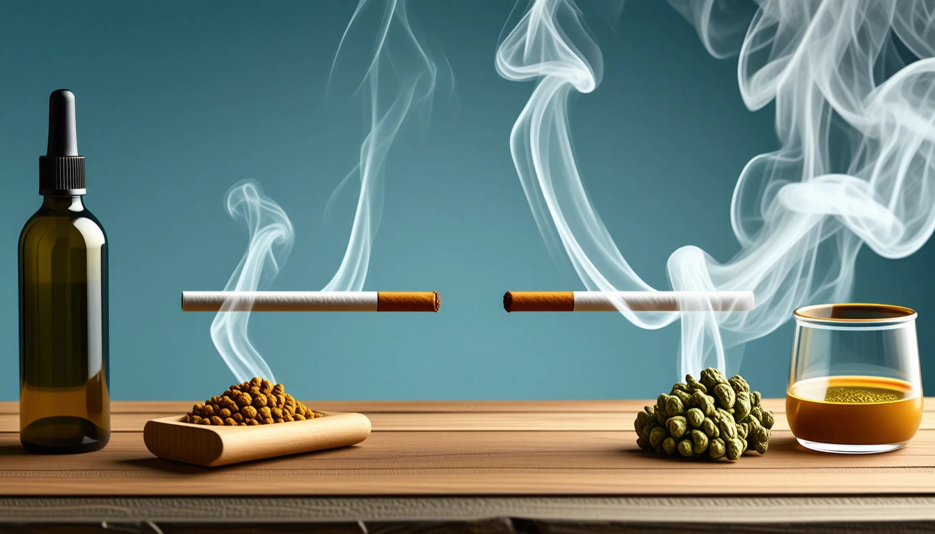 Brown dropper bottle, two smoking cigarettes balanced on spice piles, glass of liquid, all on wooden surface against blue background