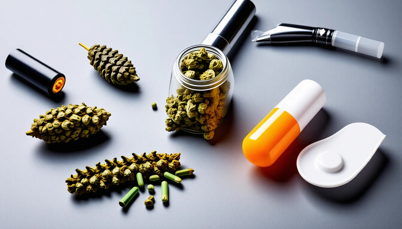 Glass jar with green buds, orange capsule, pine cones, and black vape pen on gray surface