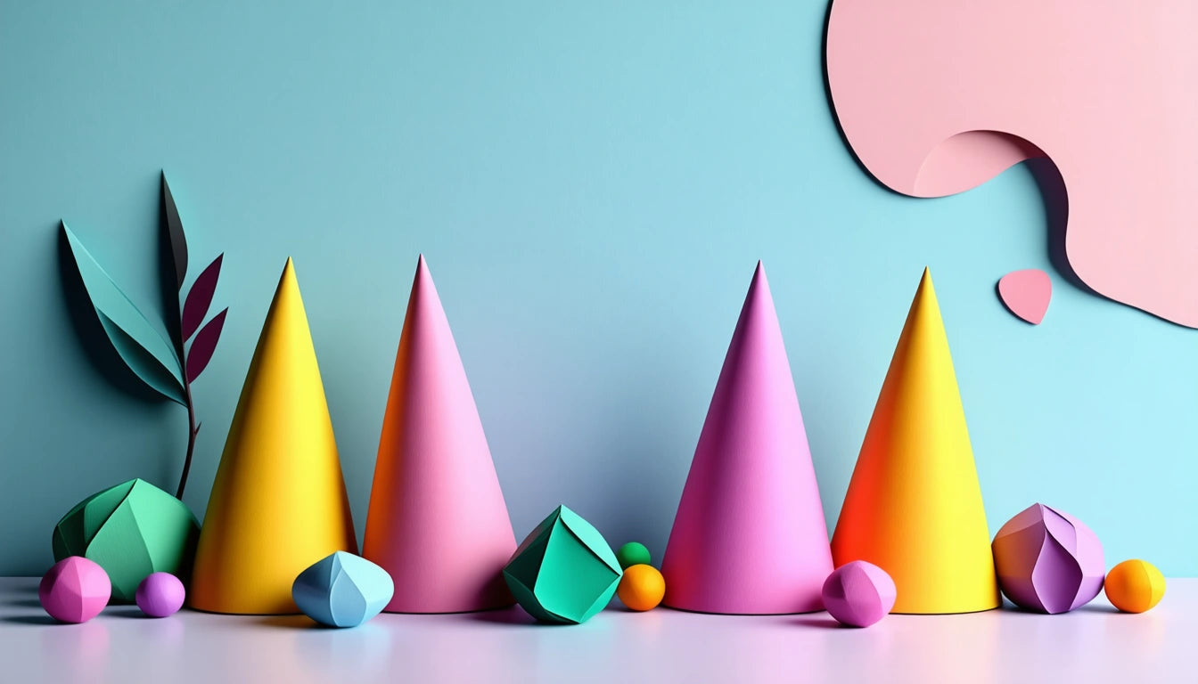 Colorful cones and spheres on a surface, with a blue background and a pink circle in the top right corner