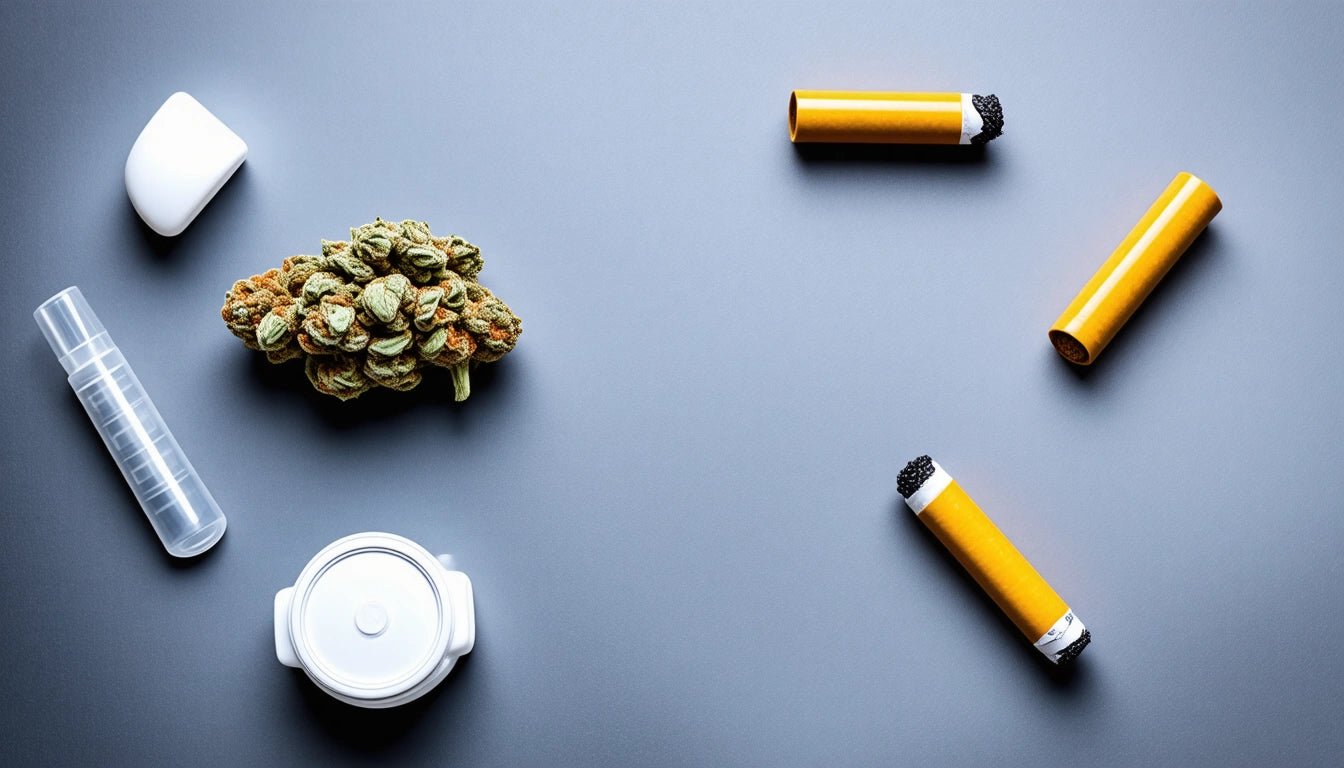 White container, cannabis buds, yellow tubes, and a small white object on a gray surface