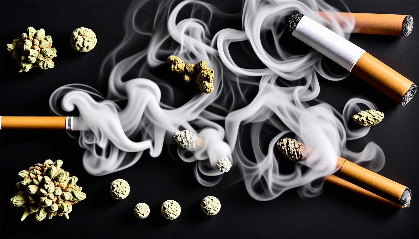 Cigarettes emitting swirling smoke, surrounded by clusters of green and brown textured objects on a dark background
