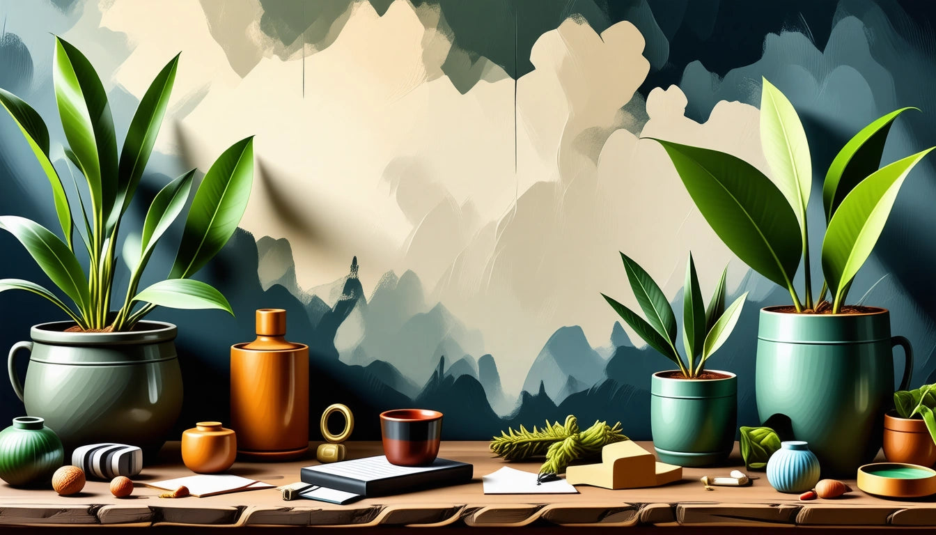 Potted plants on a wooden shelf with various small objects, against a dark abstract painted wall
