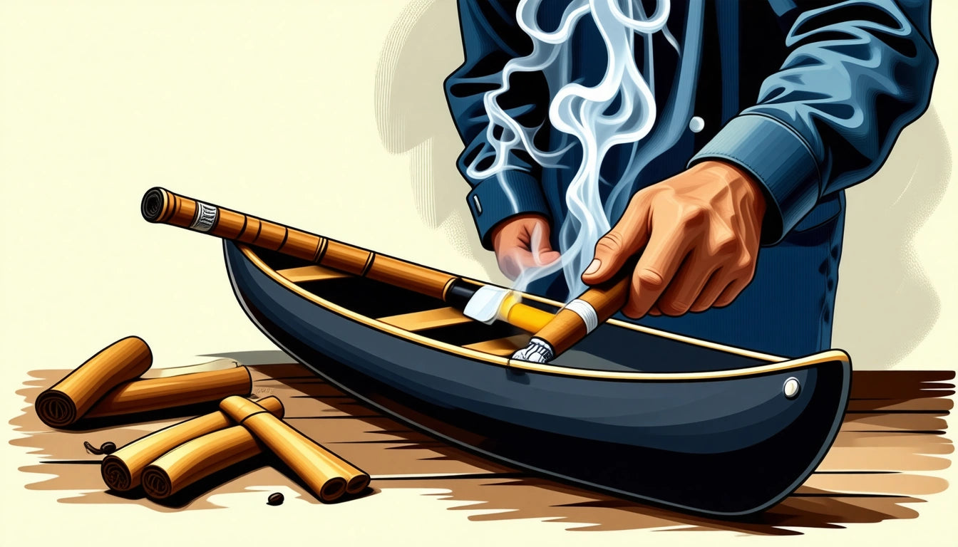 Hands lighting a cigar with a match, smoke rising, placed inside a small wooden canoe on a table, surrounded by more cigars