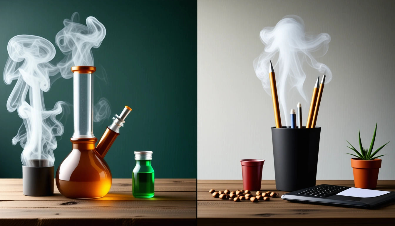 Glass beaker with smoke, green vial on left; pencils, smoke from black cup, red cup, plant, calculator on right