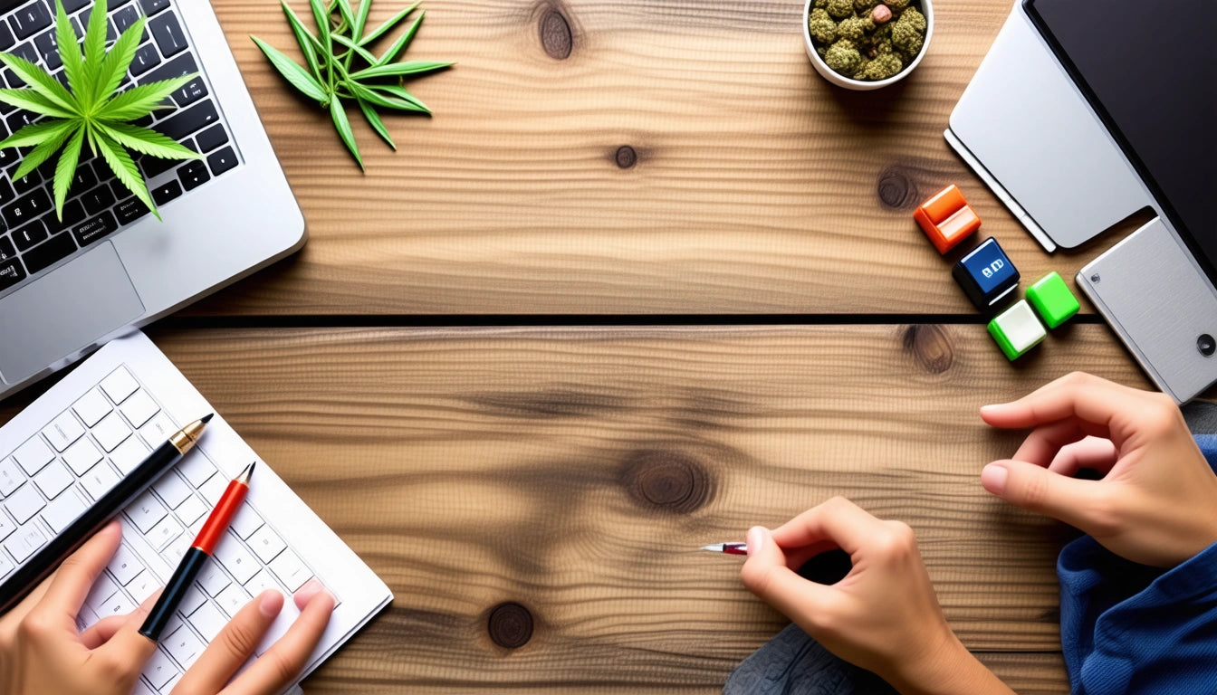 Laptop and notebook on wooden table, person holding pen, small plant, colorful cubes, and potted plant visible