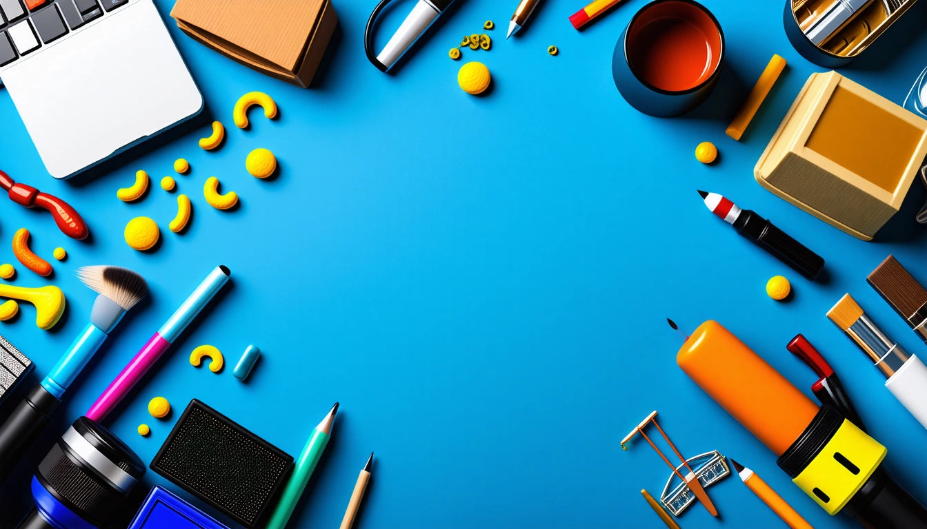 Blue background with scattered office supplies, including pens, pencils, paper clips, a cup, and colorful push pins