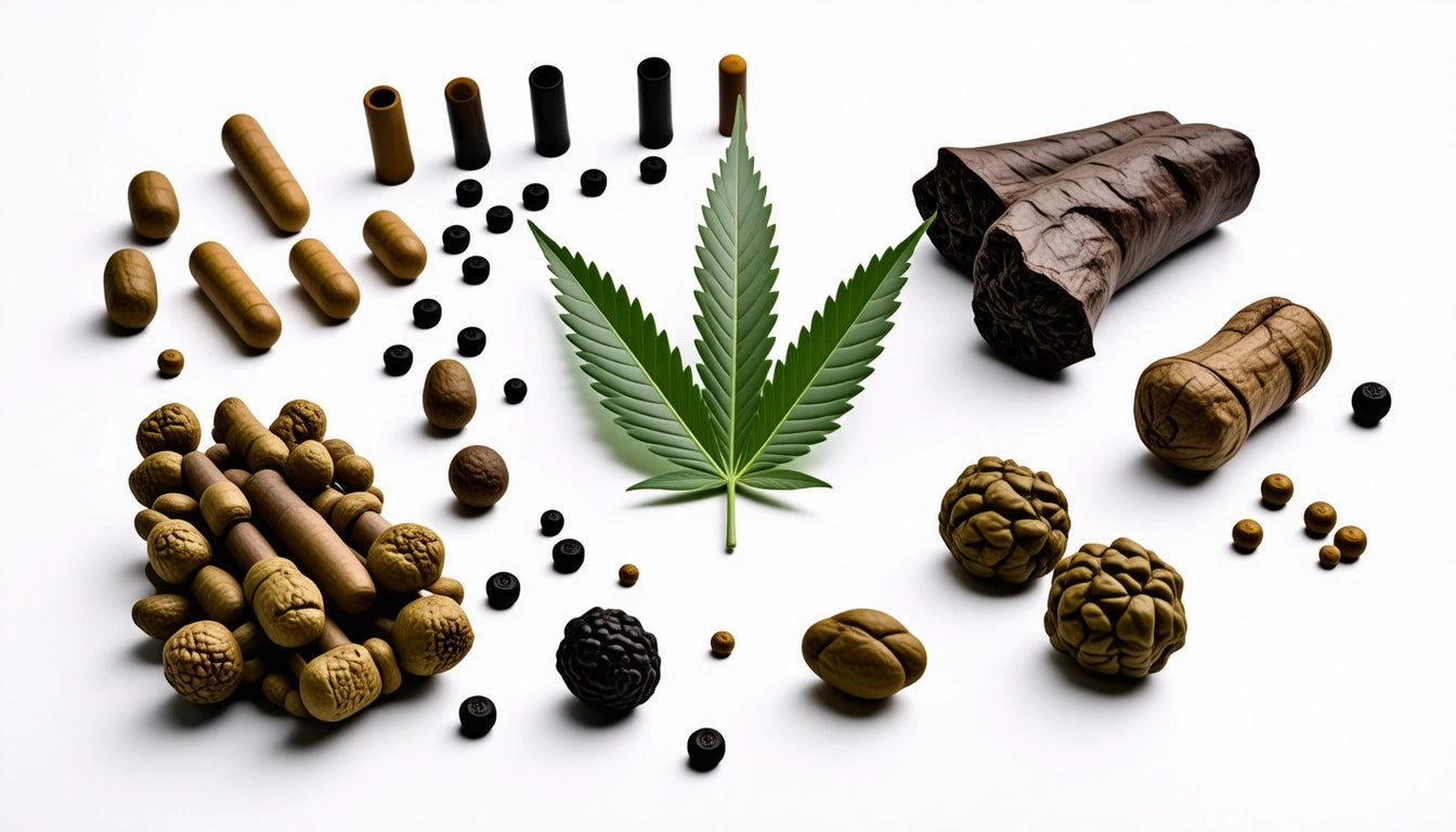Cannabis leaf surrounded by various brown capsules, black pellets, and textured brown objects on a white background