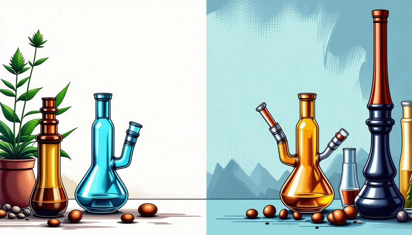 Potted plant and blue glass bottle on left; orange and black glass bottles with scattered pebbles on right