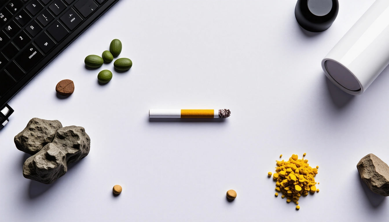 Pills, rocks, and a cigarette arranged on a white surface with a keyboard and bottle partially visible