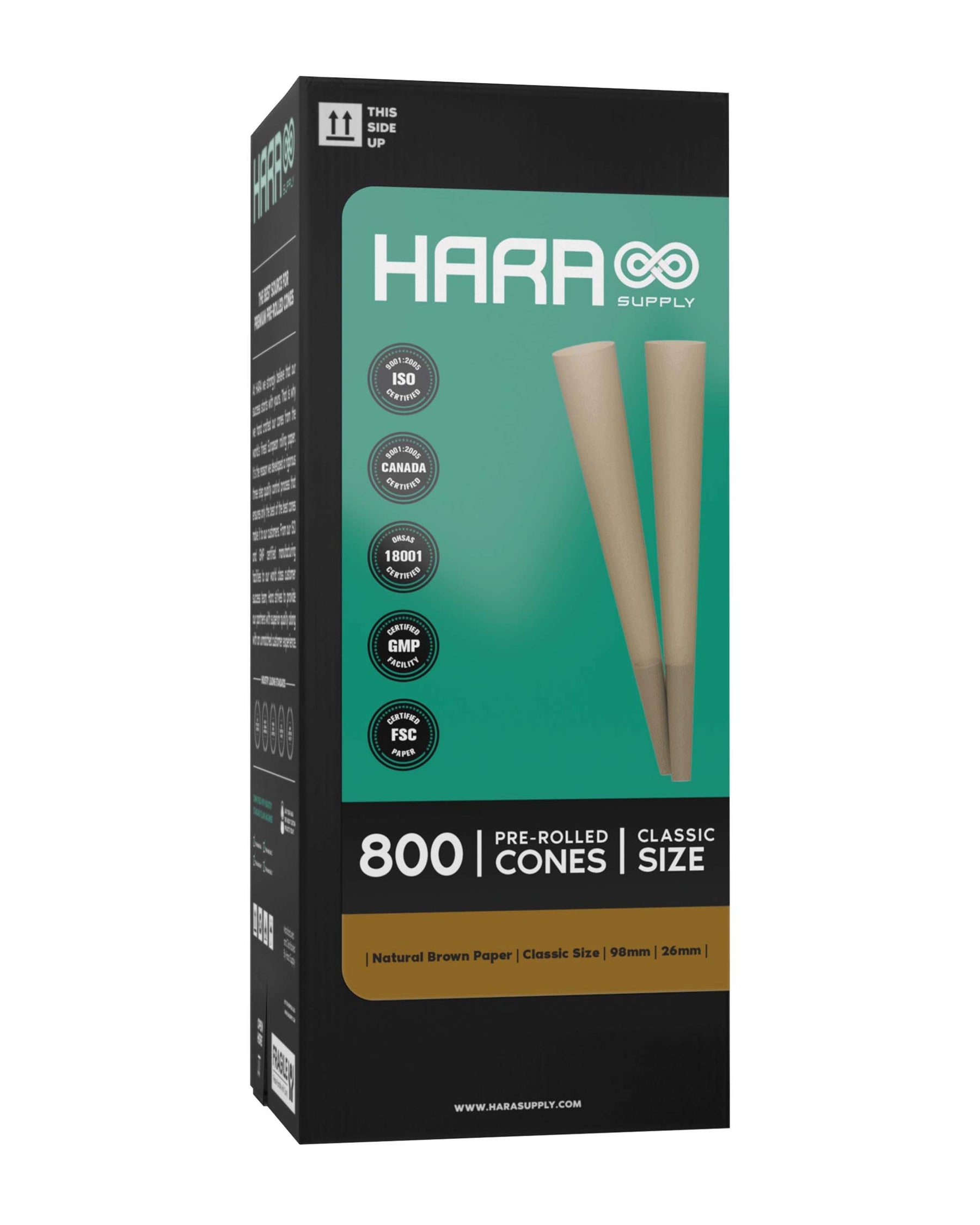 Hara Supply 98mm Classic Size Unbleached Brown Pre Rolled Cones w/ Filter Tip 800/Box